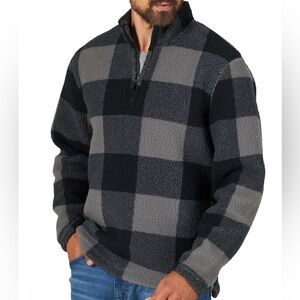 Wrangler Gray & Black Checkered Sherpa Pullover Jacket Medium Cozy Fleece